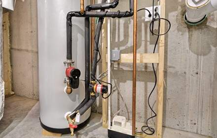 Heating equipment and plumbing connections in a utility room.